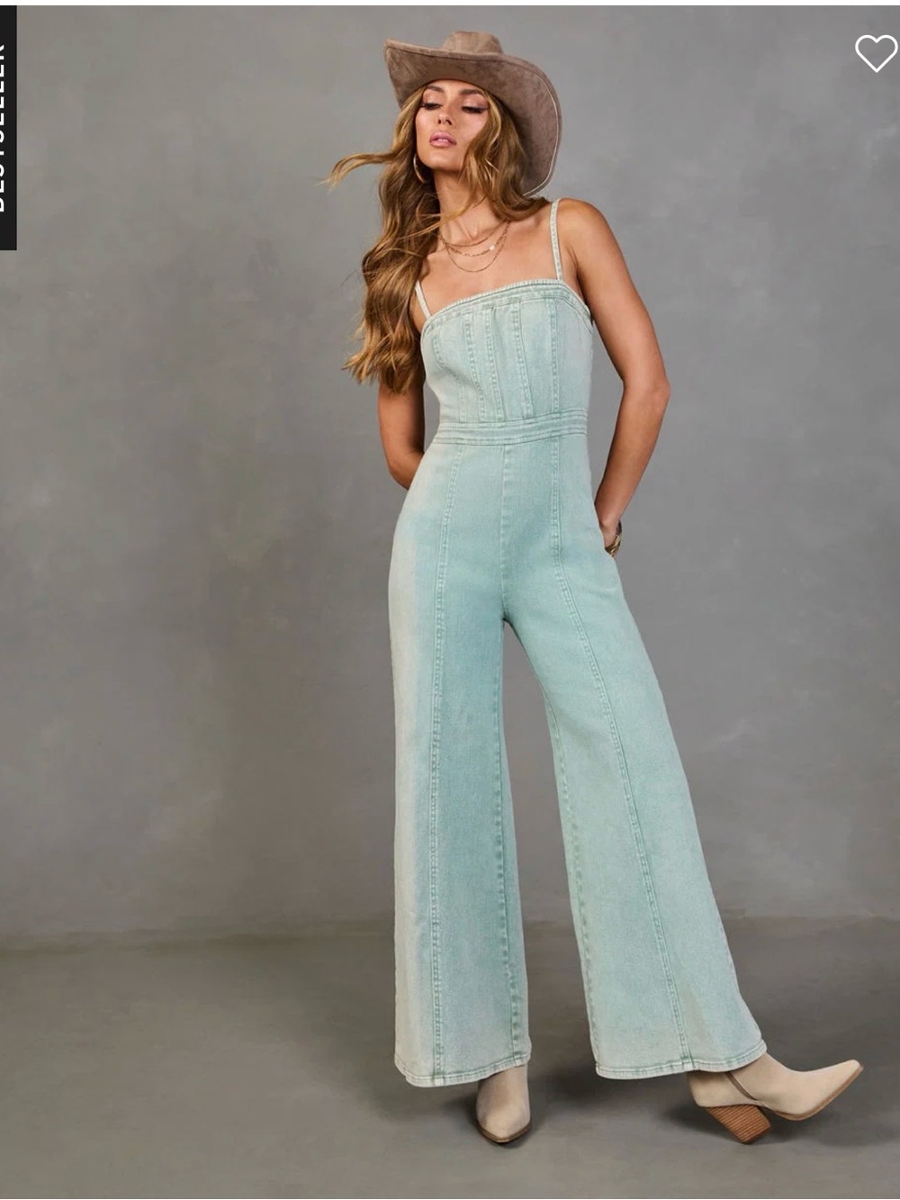 Light Sage Wide-Leg Denim Jumpsuit with adjustable Straps